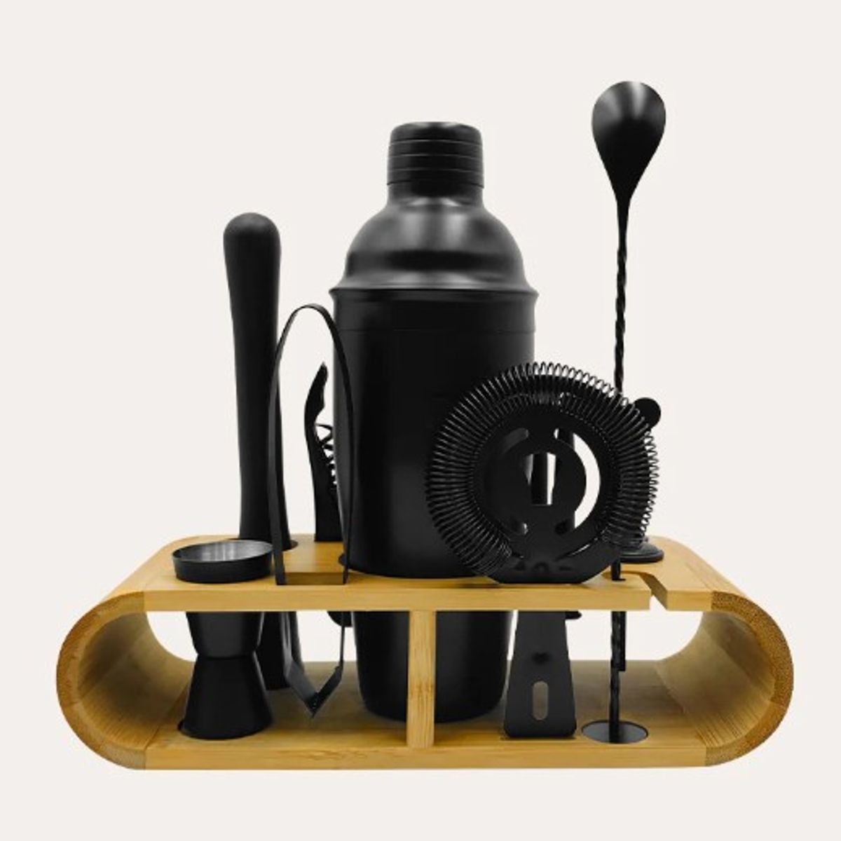 GENERICO - Kit Bartender Negro de 11 Piezas + Base de Bambu