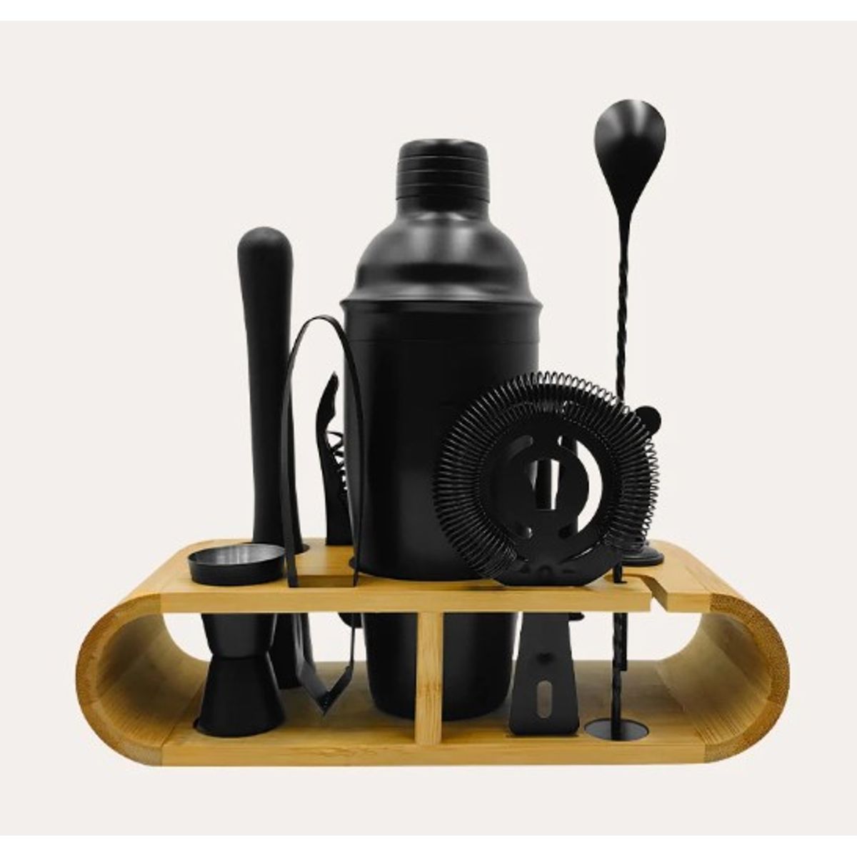 GENERICO - Kit Bartender Negro de 11 Piezas + Base de Bambu