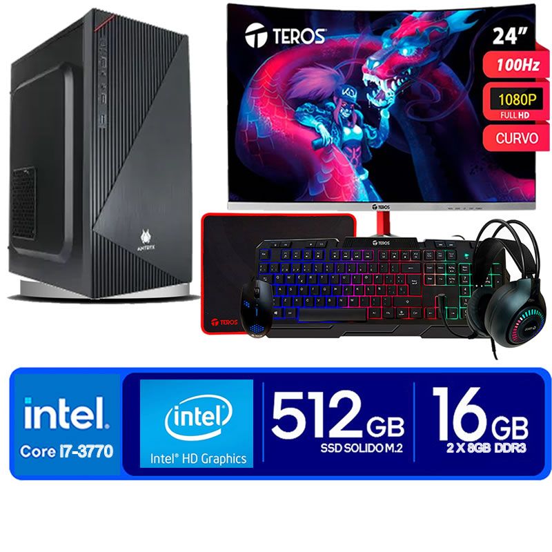 ANTRYX - Computadora Pc Intel Core i7 3770  Monitor 24 fhd' RAM 16 GB SSD 500 GB