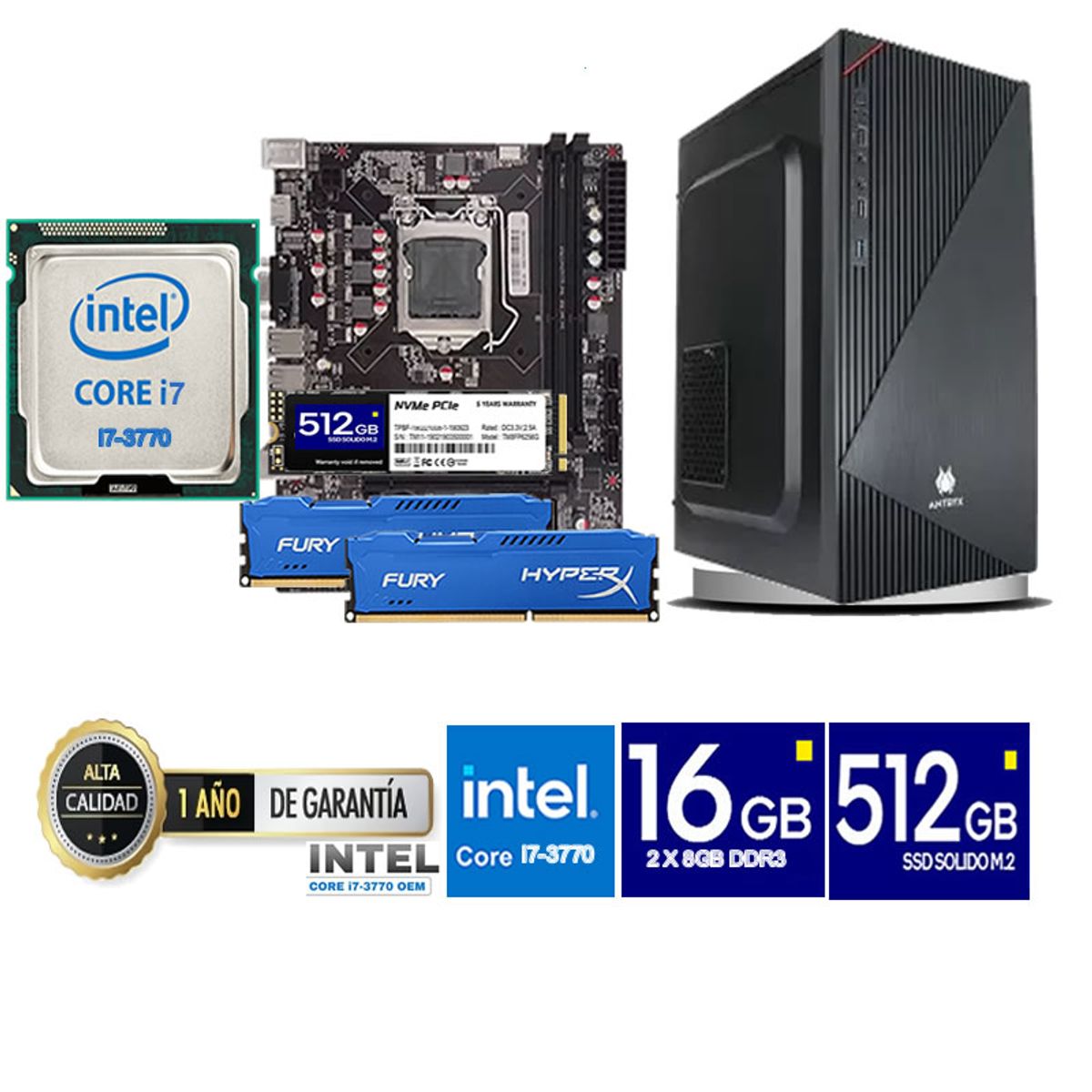 ANTRYX - Computadora Pc Intel Core i7 3770  Monitor 24 fhd' RAM 16 GB SSD 500 GB