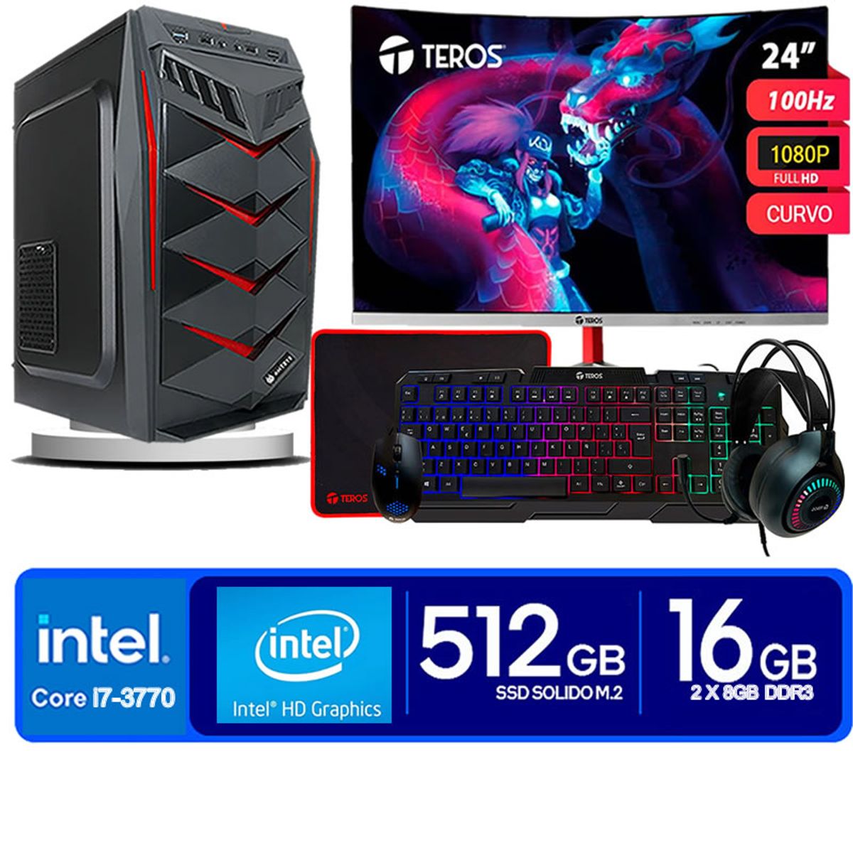ANTRYX - Computadora Pc Intel Core i7 3770  Monitor 24 fhd' RAM 16 GB SSD 500 GB
