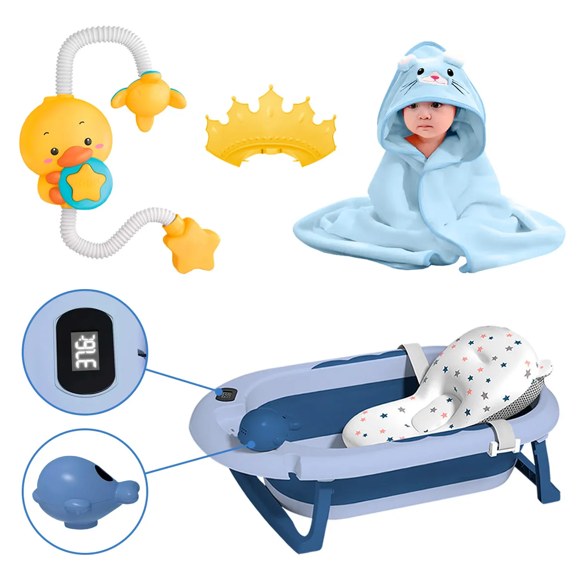 BUYPAL - Pack de Baño para Bebés Bañera Plegable y Accesorios Azul