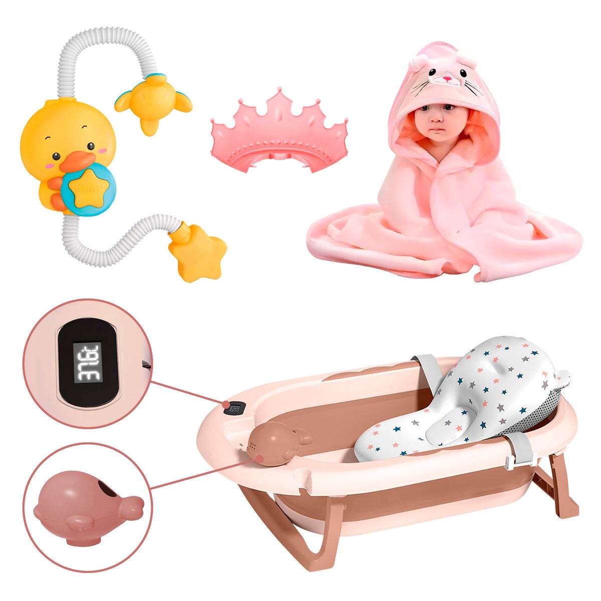 BUYPAL - Pack de Baño para Bebés Bañera Plegable y Accesorios Rosa
