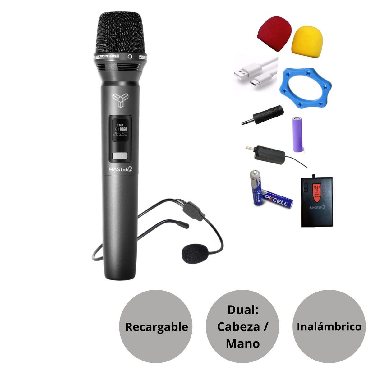 GENERICO - Micrófono Inalámbrico Vincha y Mano MASTER 2 TRK M639 VHF Recargable