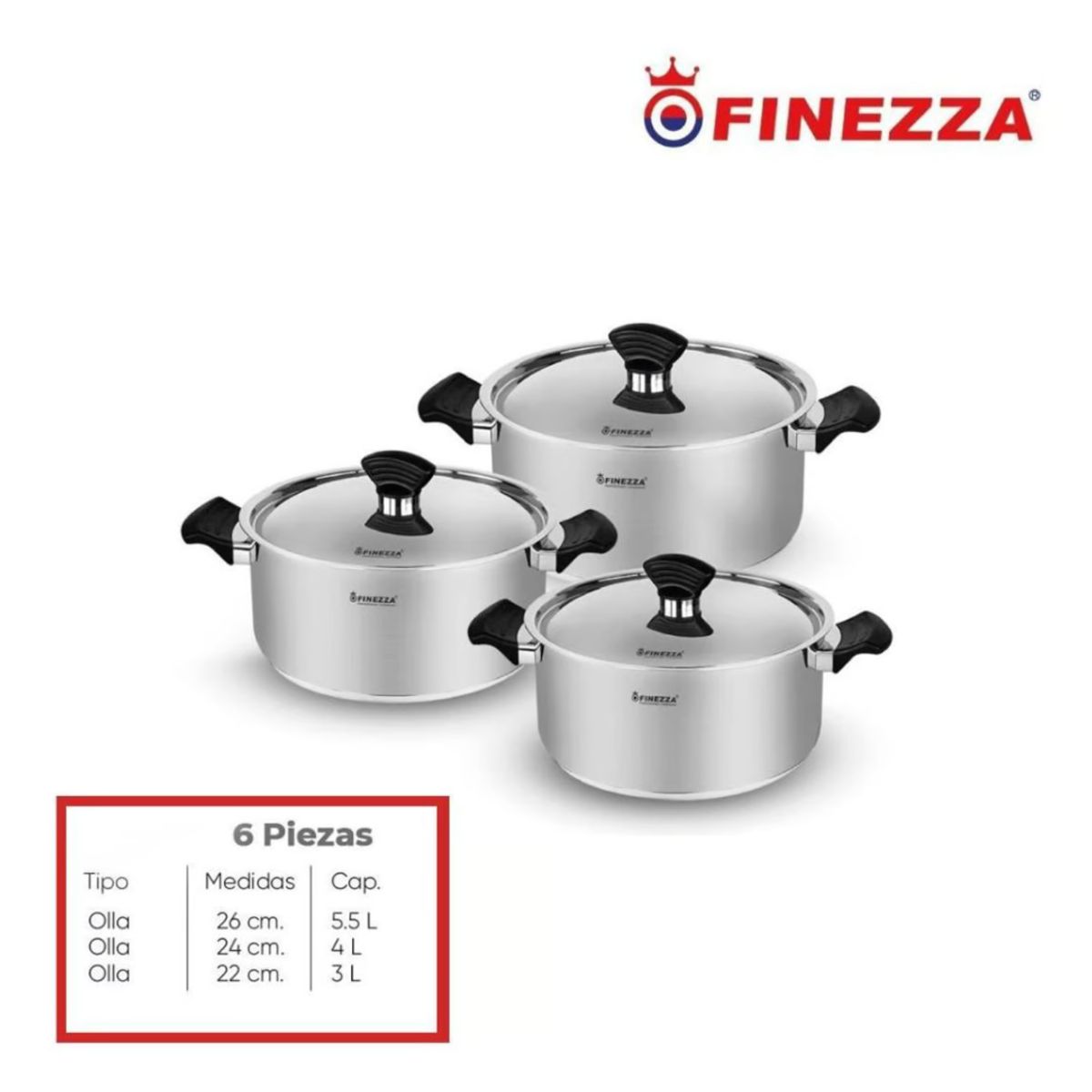 FINEZZA - SET DE OLLAS ACERO INOXIDABLE 6 Pzas FINEZZA