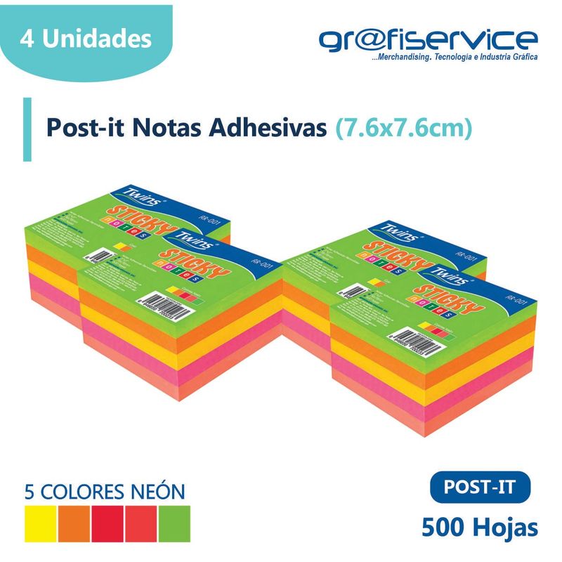 GENERICO - Pack x 4 Post It Notas Adhesivas 7.6cm x 7.6cm 500 hojas