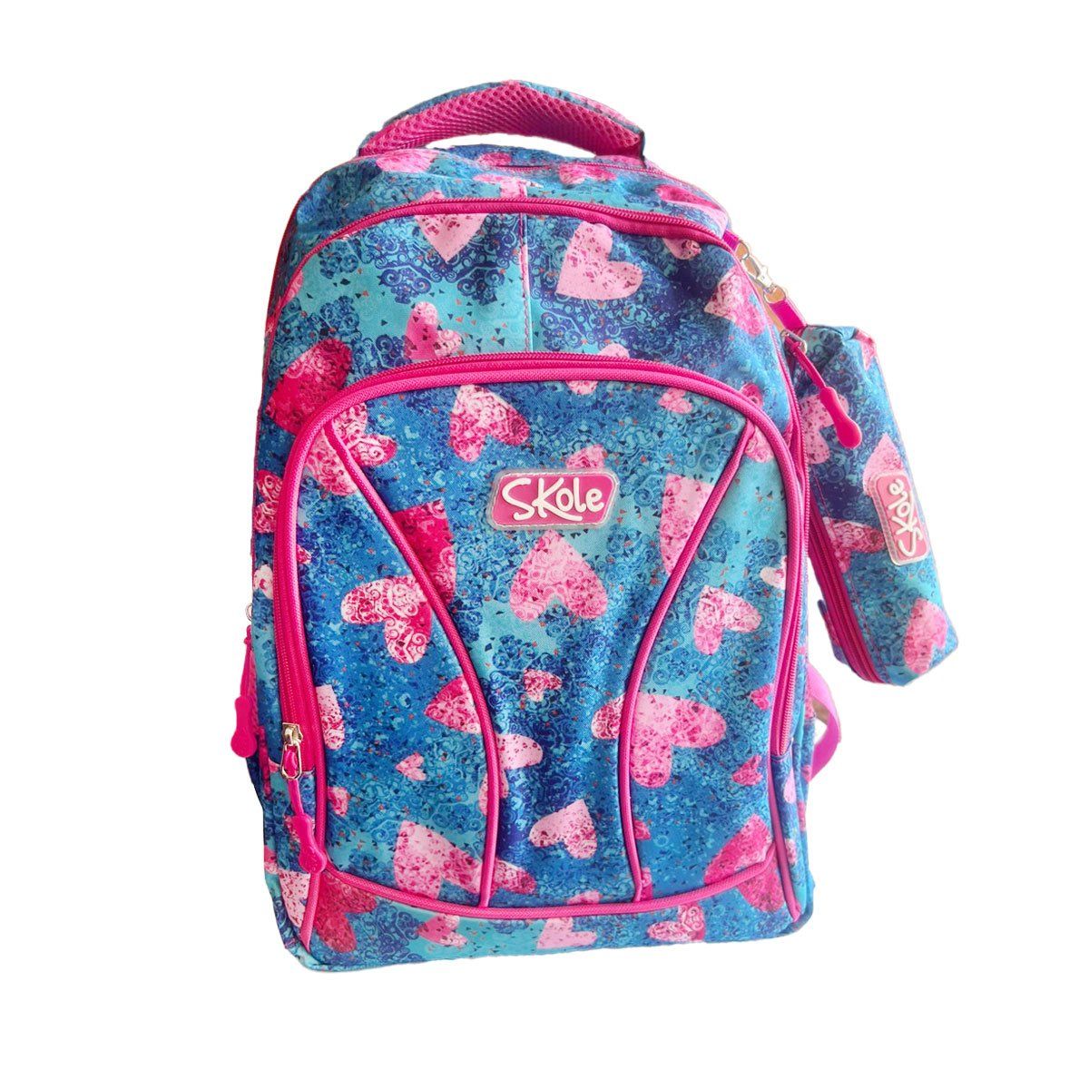 GENERICO - Set Mochila Cartuchera Juvenil 3 Cierres Diseño Corazones 2