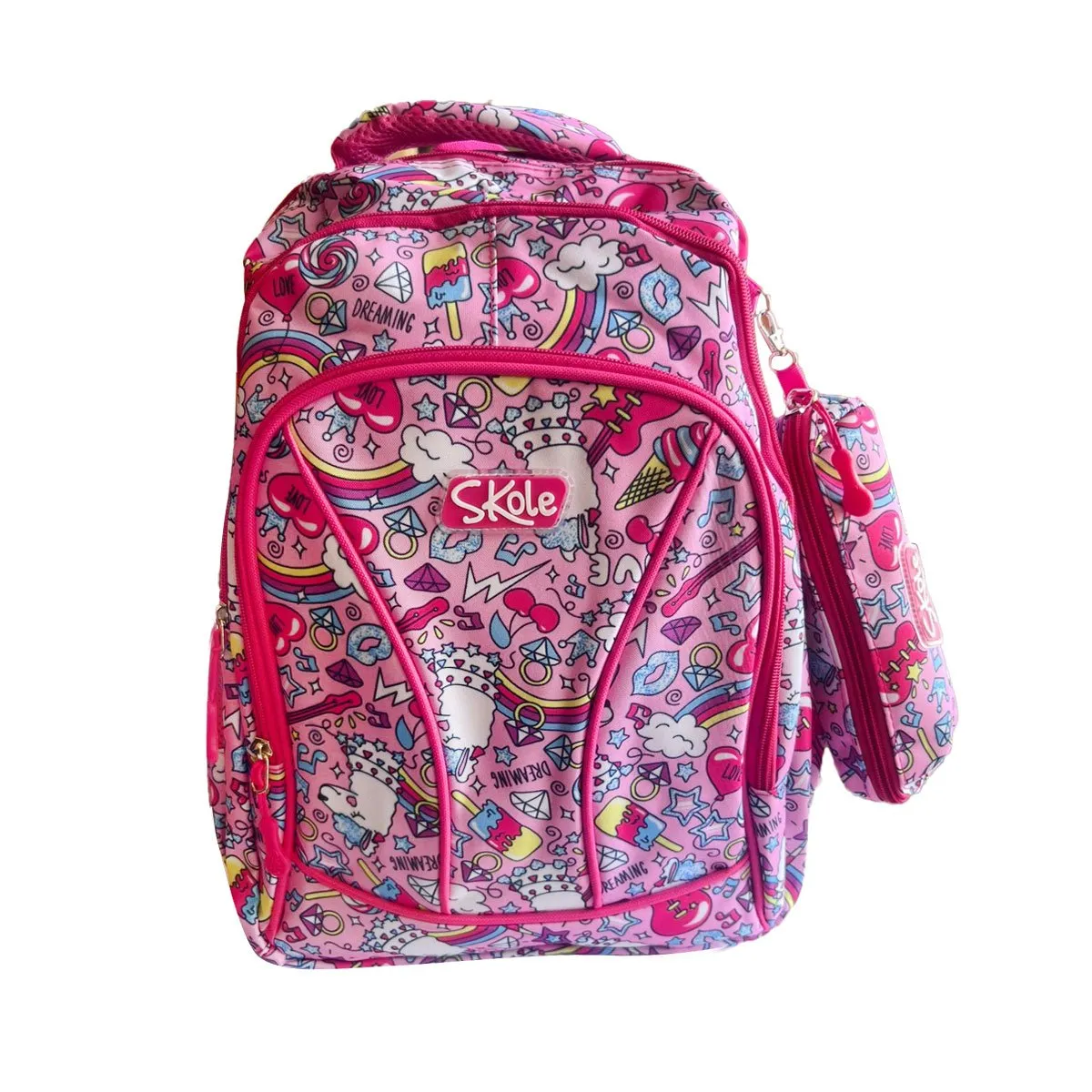 GENERICO - Set Mochila Cartuchera Juvenil 3 Cierres Diseño Arcoíris