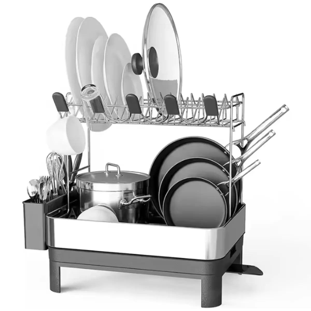 GENERICO - ESCURRIDOR DE PLATOS ACERO INOX 2 NIVELES + 5 PORTAVASOS Y DRENAJE