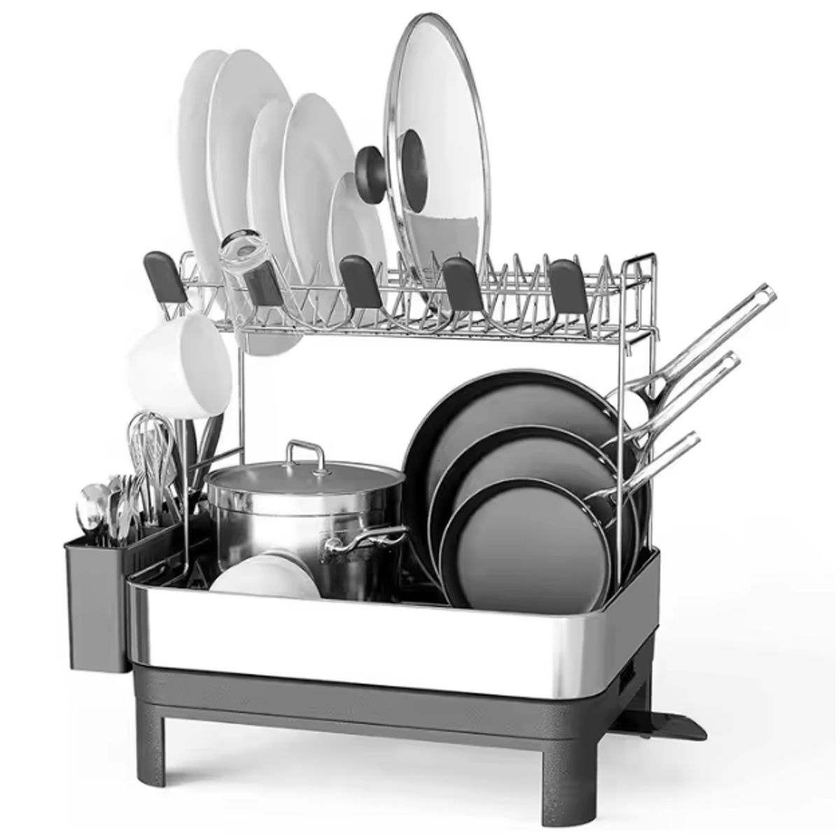 GENERICO - ESCURRIDOR DE PLATOS ACERO INOX 2 NIVELES + 5 PORTAVASOS Y DRENAJE