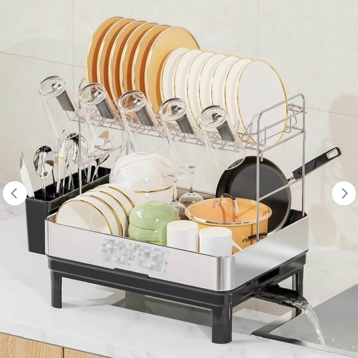 GENERICO - ESCURRIDOR DE PLATOS ACERO INOX 2 NIVELES + 5 PORTAVASOS Y DRENAJE