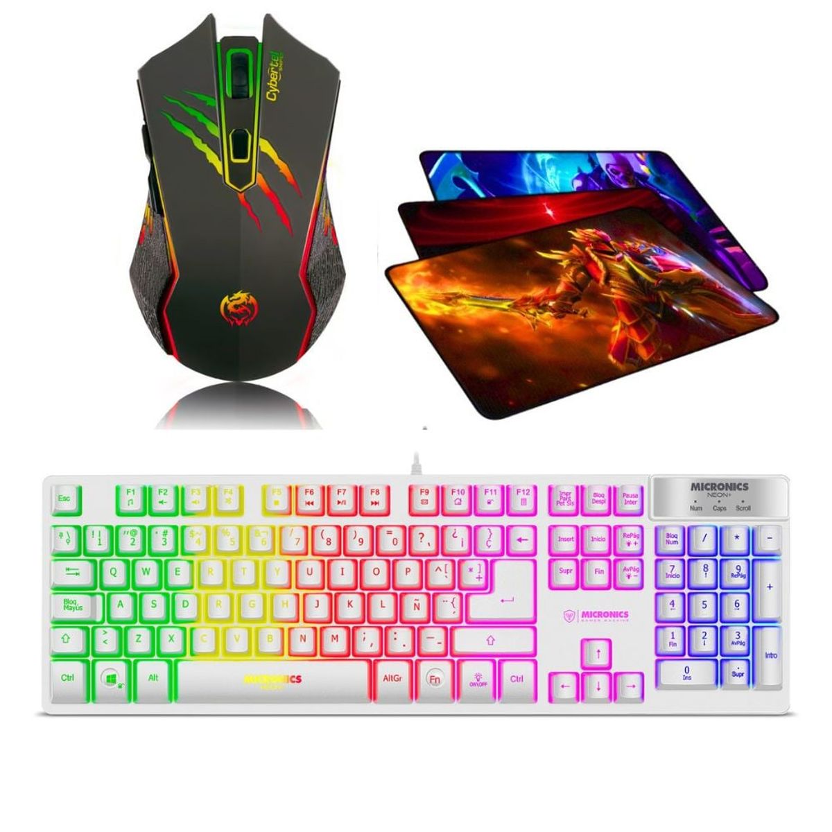 MICRONICS - Kit Gamer 3 En 1: Teclado Neon White Luce Rgb + Mouse Sniper + Pad