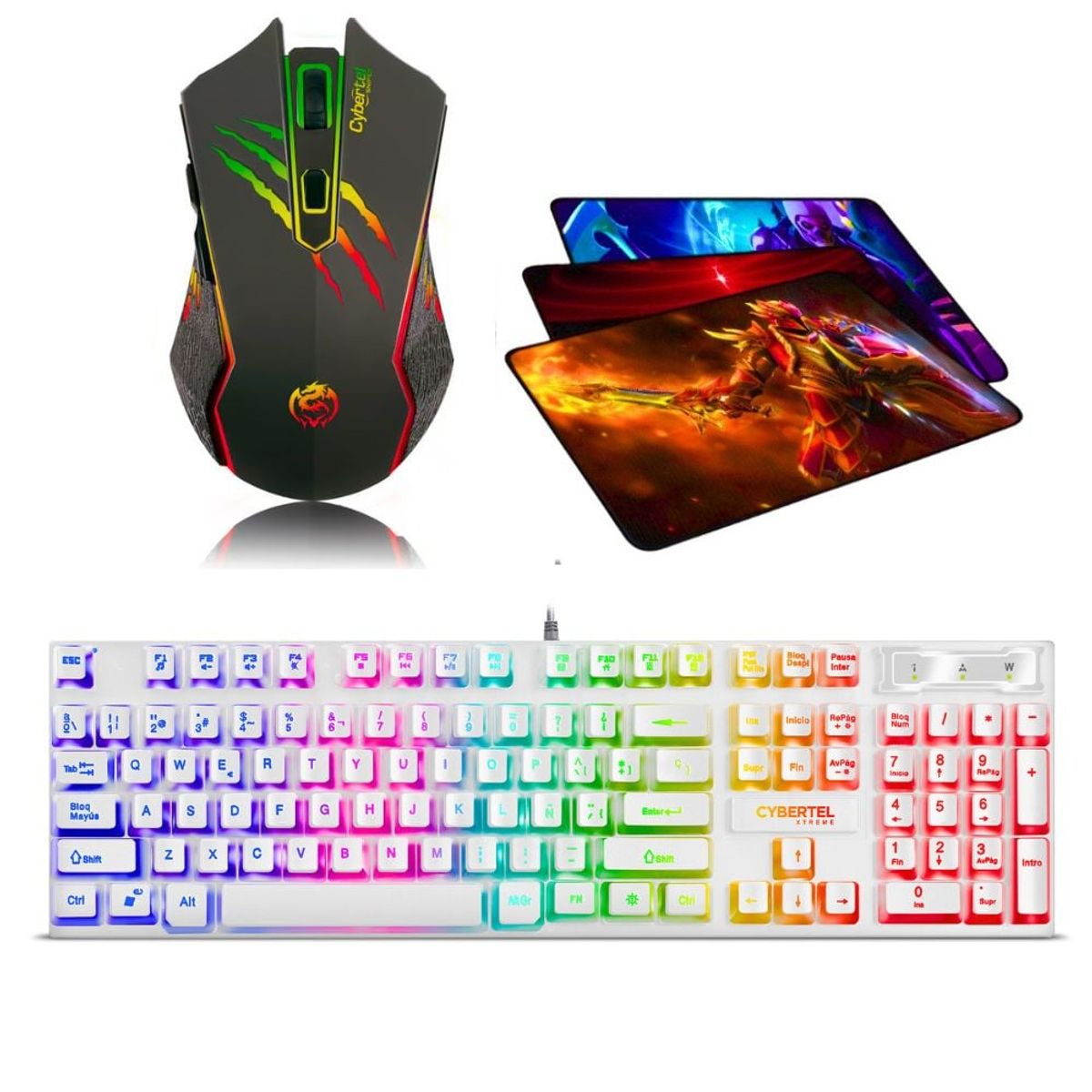 CYBERTEL - Kit Gamer 3 En 1: Teclado Xtreme White Led + Mouse Sniper Rgb +pad