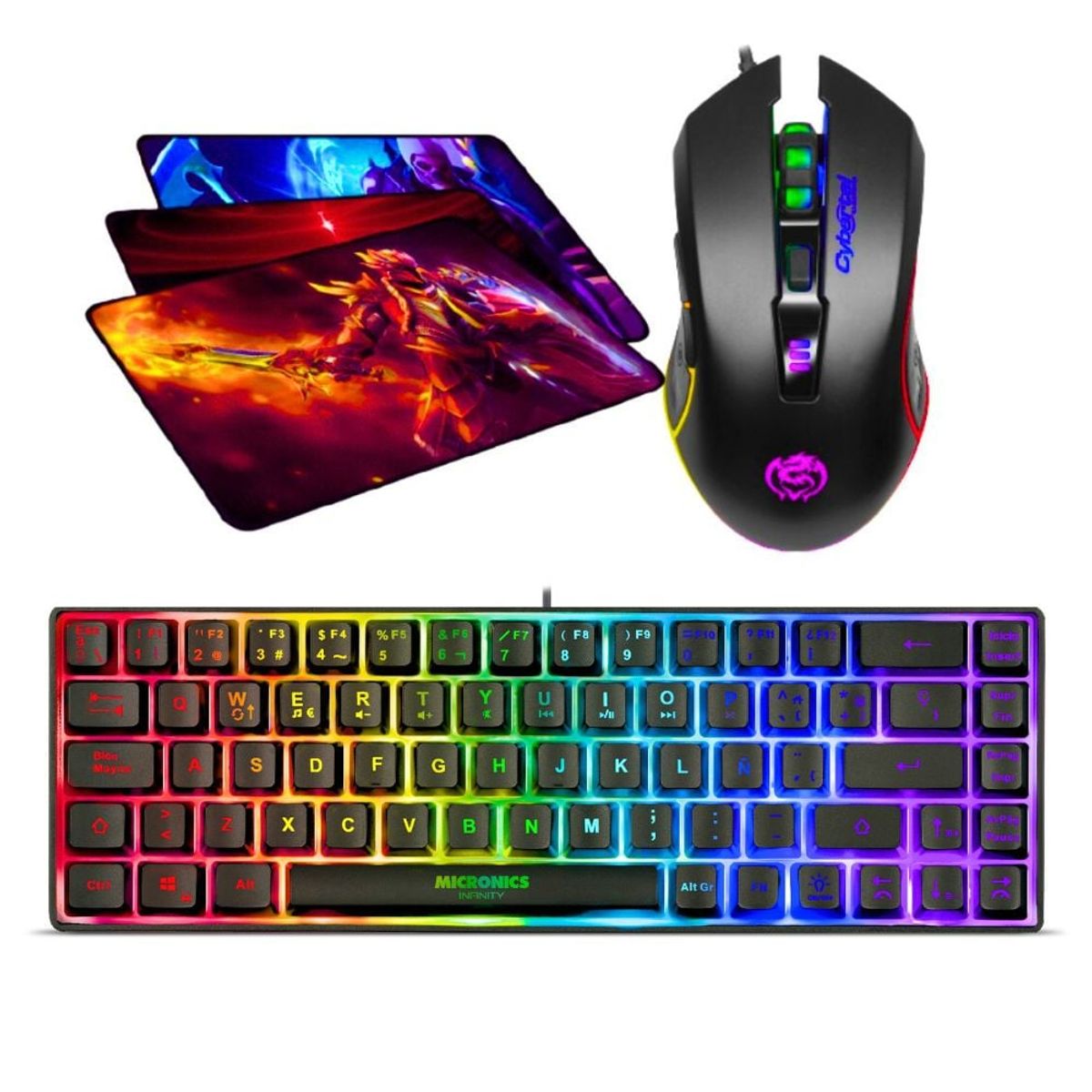 MICRONICS - Kit Gamer 3 En 1: Teclado Infinity Rgb +Mouse Elektron +pad
