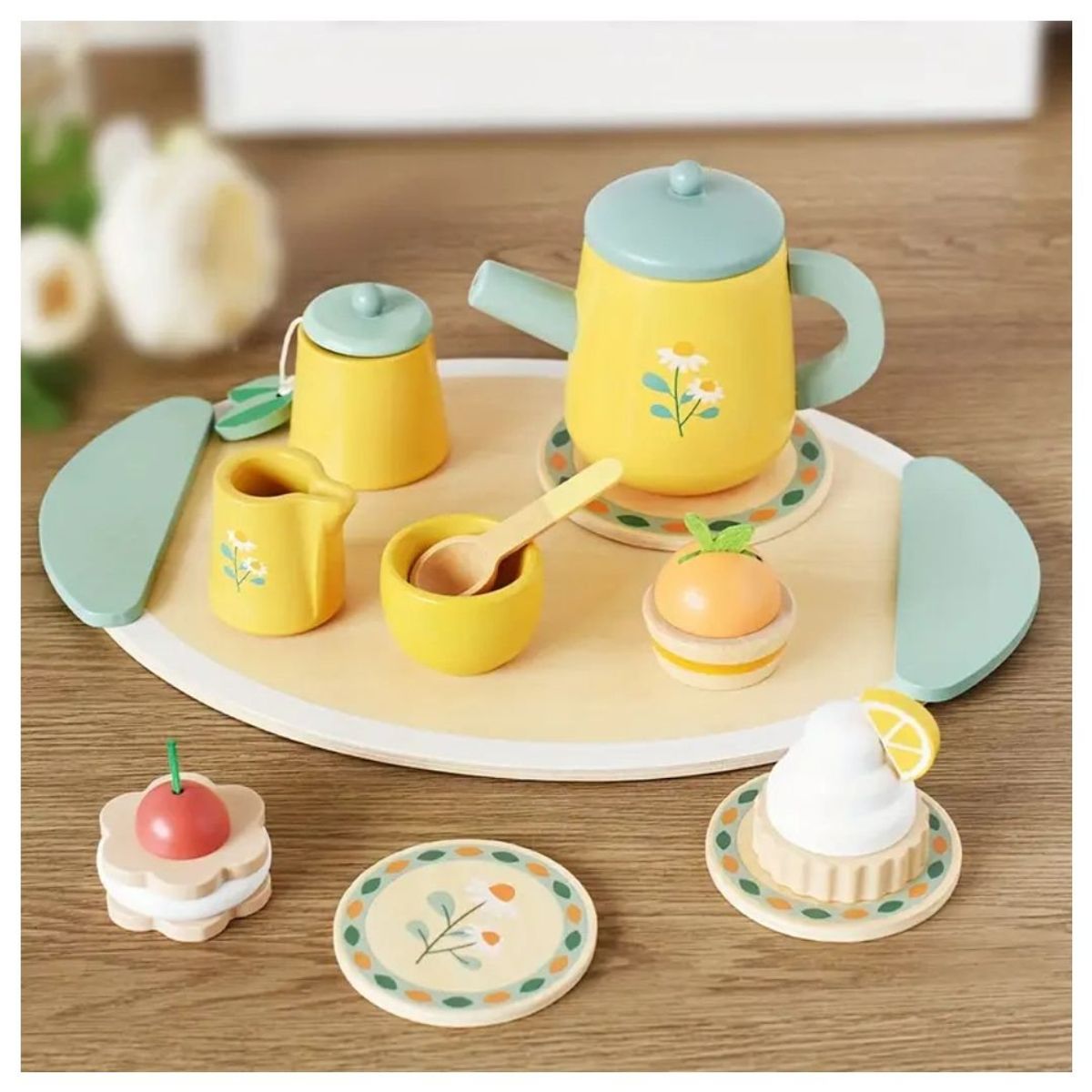 GENERICO - Juego de Té de Madera Con Tetera Amarilla