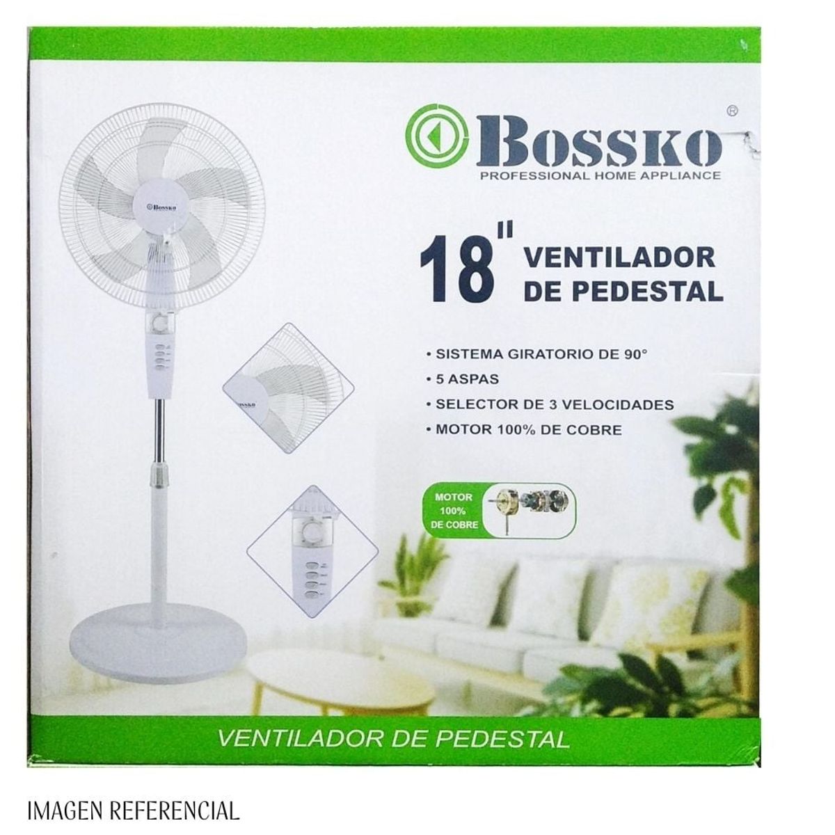 BOSKO - Ventilador de pedestal 18" BOSSKO  50 watts con Temporizador blanco