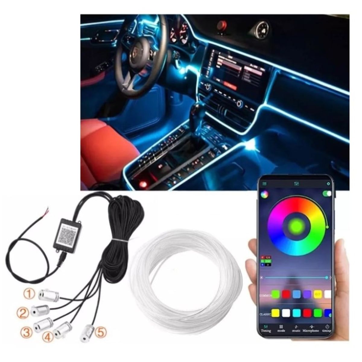 JEF - Hilo Led Interior RGB 5Mts Con APP Auto Camioneta