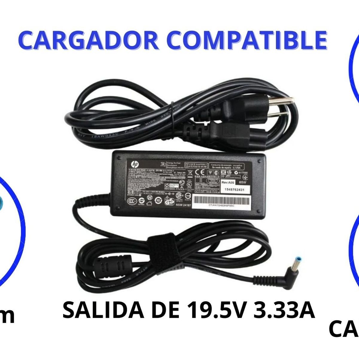 GENERICO - CARGADOR PARA LAPTOPS HP 195V 333A 65W PUNTA AZUL COMPATIBLE