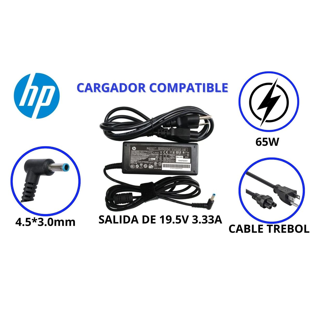 GENERICO - CARGADOR PARA LAPTOPS HP 195V 333A 65W PUNTA AZUL COMPATIBLE
