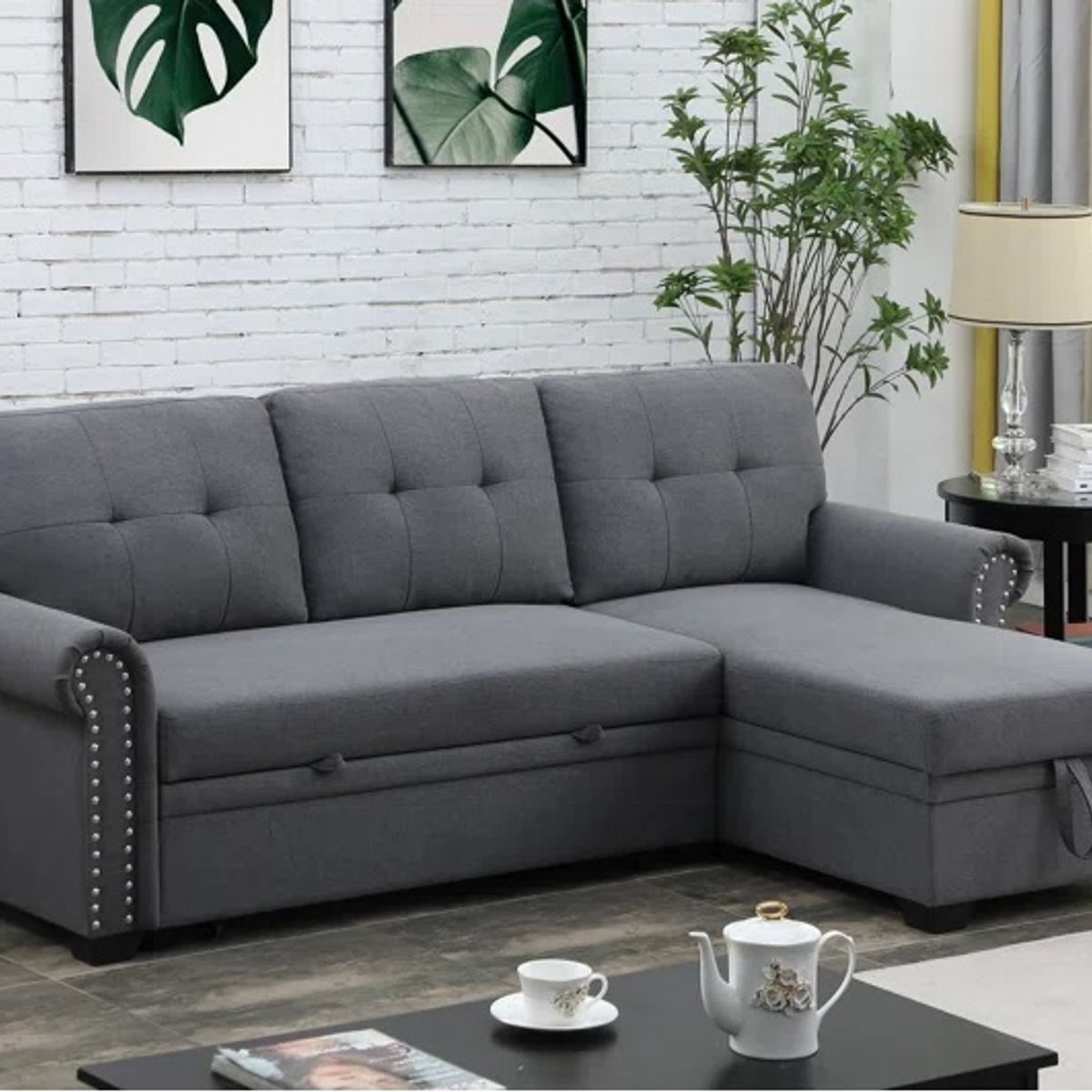 GENERICO - Sofá Seccional Cama Ruiz + Baúl Derecho - Gris Claro