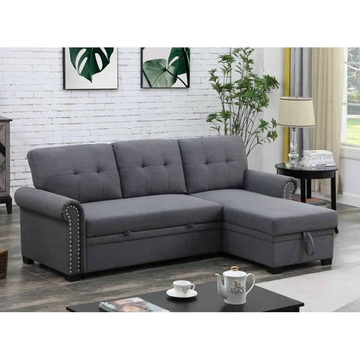 GENERICO - Sofá Seccional Cama Ruiz + Baúl Derecho - Gris Claro