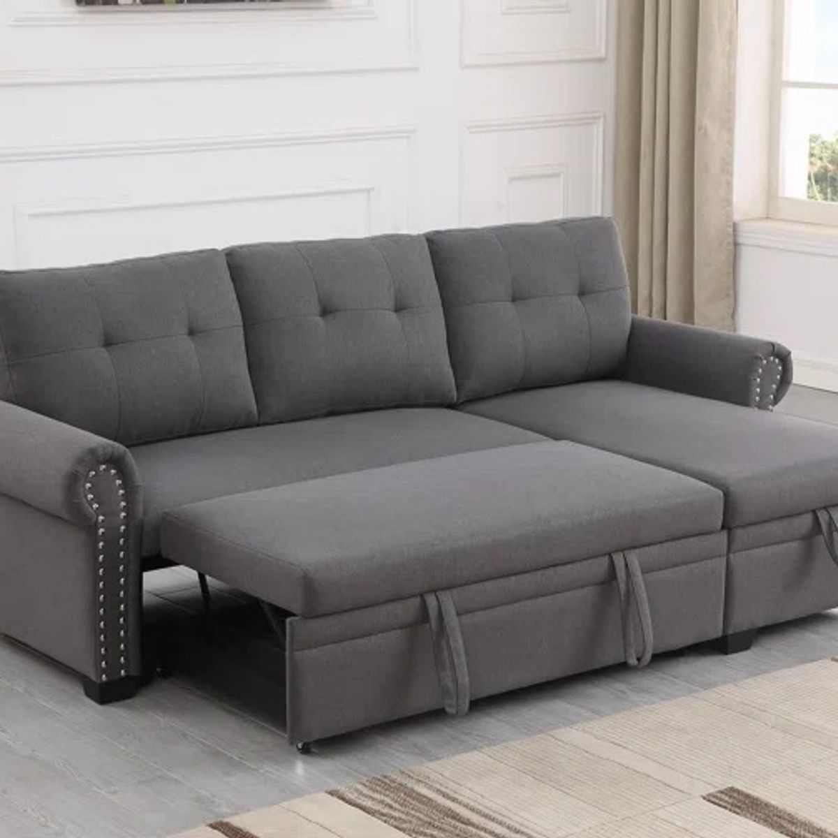 GENERICO - Sofá Seccional Cama Ruiz + Baúl Derecho - Gris Claro