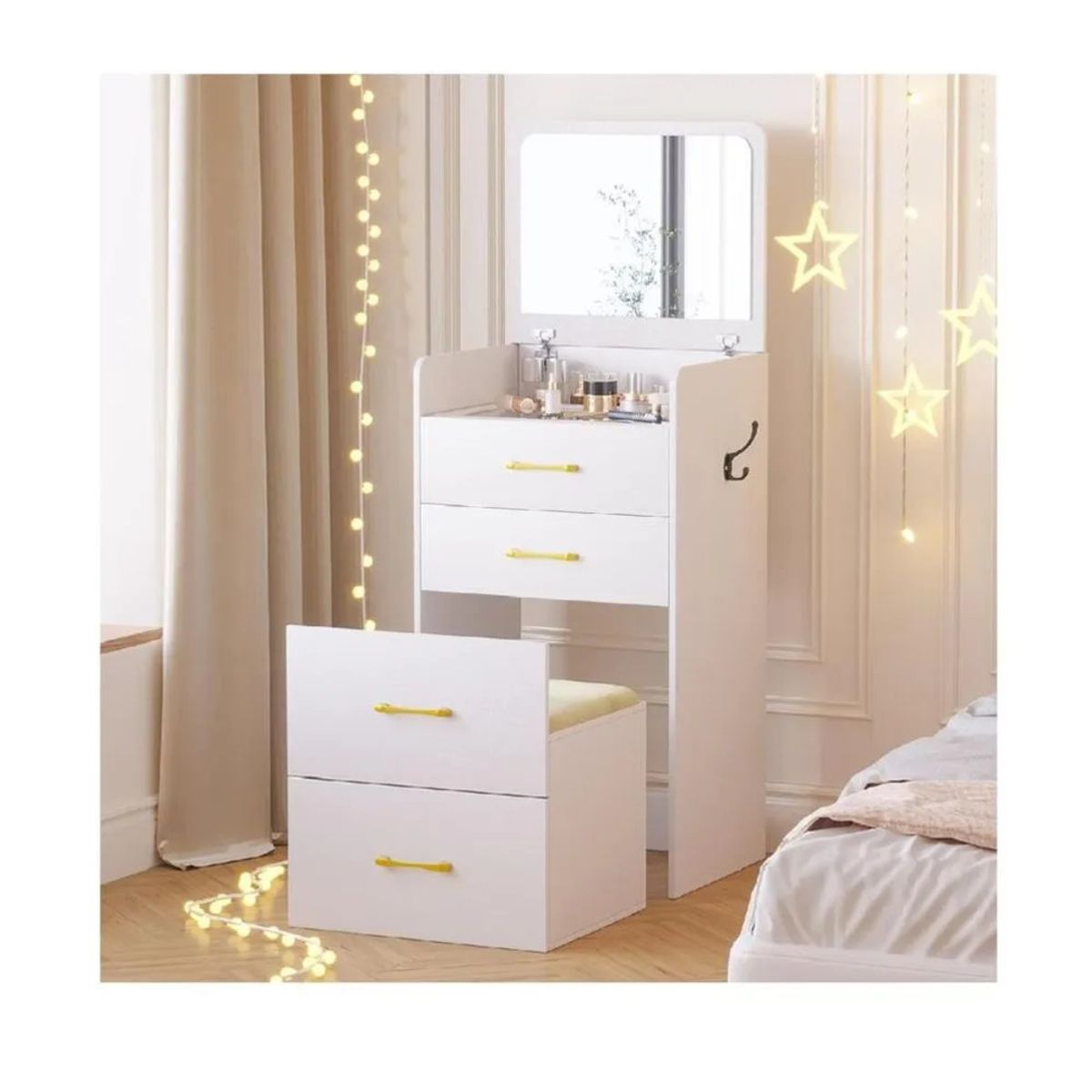 TU MESITA - Tocador Viral 3 en 1 color Blanco 3 cajones con Espejo y Banquito