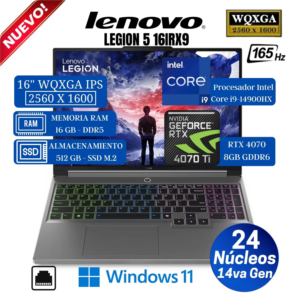 LENOVO - Laptop Lenovo Legion 5 16IRX9 16” WQXGA, Core i9-14900HX, Ram 16GB, SSD 512GB, Rtx 4070 8GB, Win 11