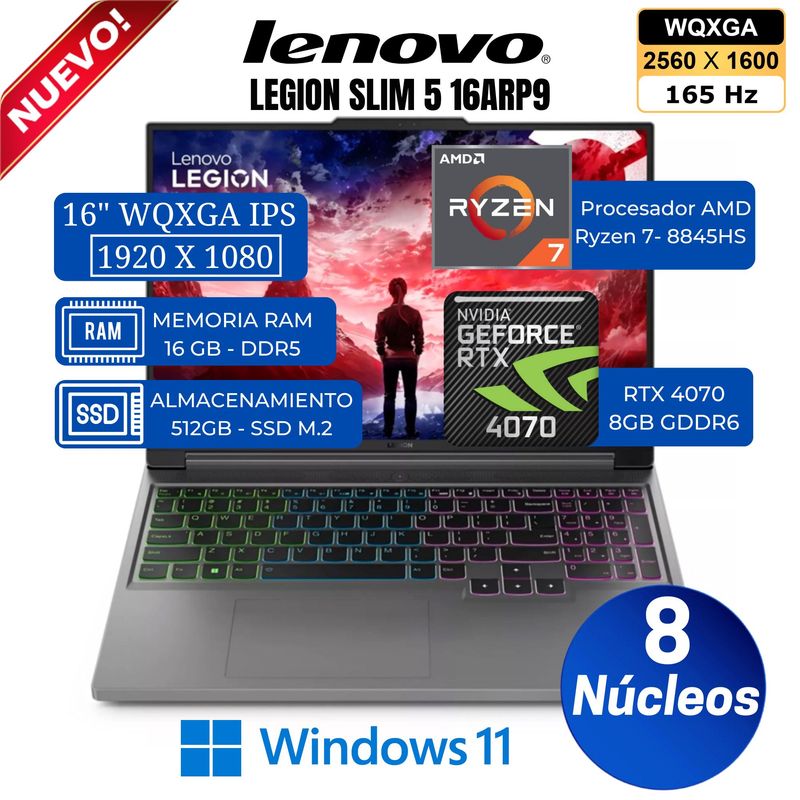 LENOVO - Laptop Lenovo Legion Slim 5 16AHP9 16” WQXGA, Ryzen 7-8845HS, Ram 16GB, SSD 512GB, Rtx 4070, Win 11
