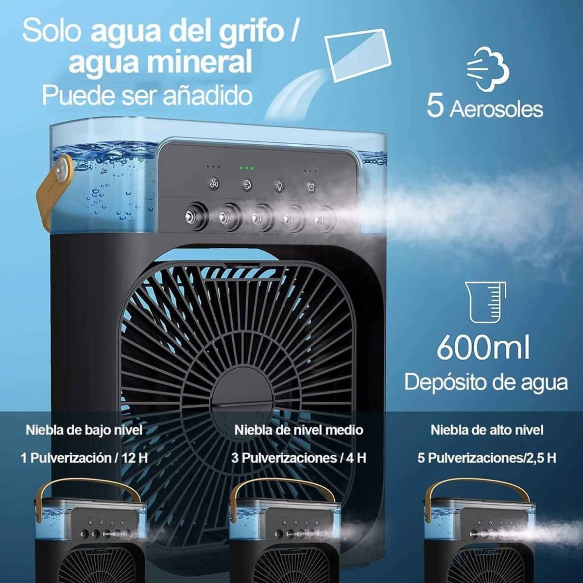 PREMIUM - Ventilador humidificador eléctrico portátil 12256 - Negro
