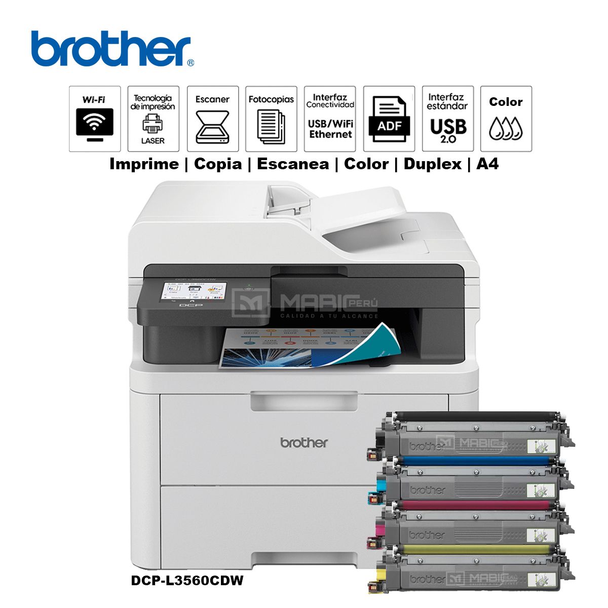 BROTHER - Impresora multifuncional Láser color Brother DCP-L3560CDW Duplex WIFI Red ADF