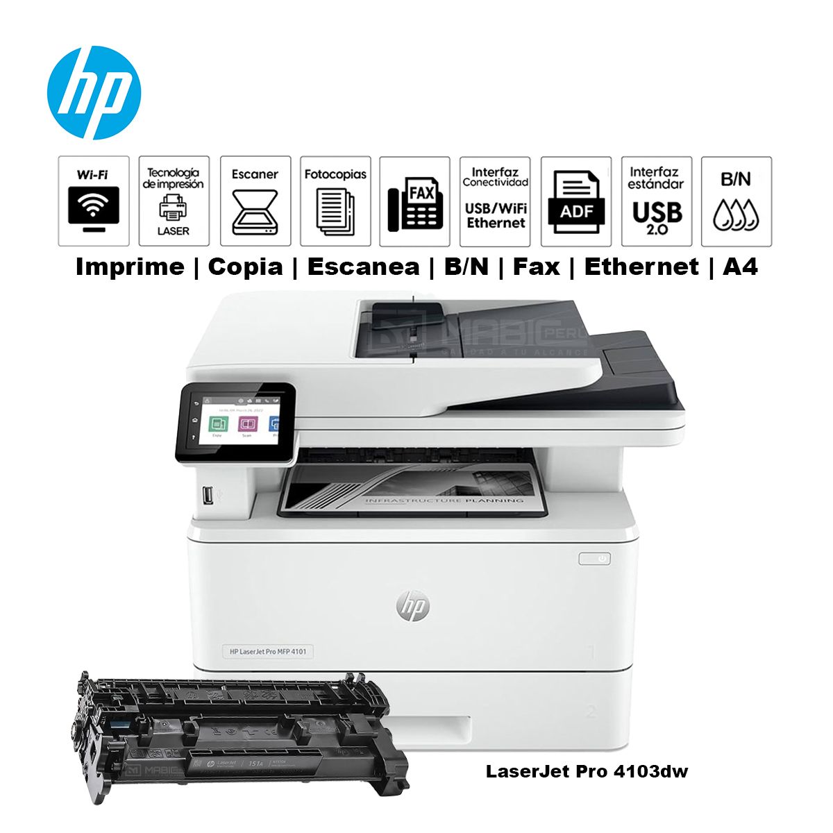 HP - Impresora Multifuncional Hp LaserJet Pro 4103fdw Duplex WIFI Red ADF FAX