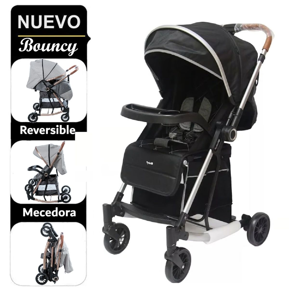 EBABY - Coche Bouncy Funcion Mecedora con bandeja Negro