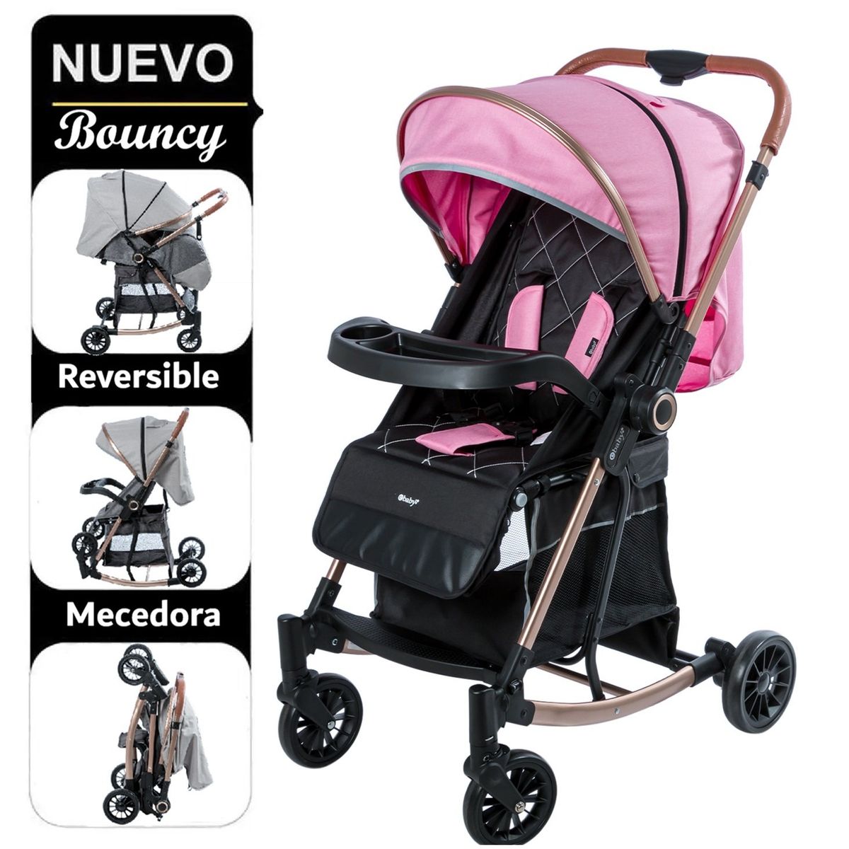 EBABY - Coche Bouncy Funcion Mecedora con bandeja Rosado