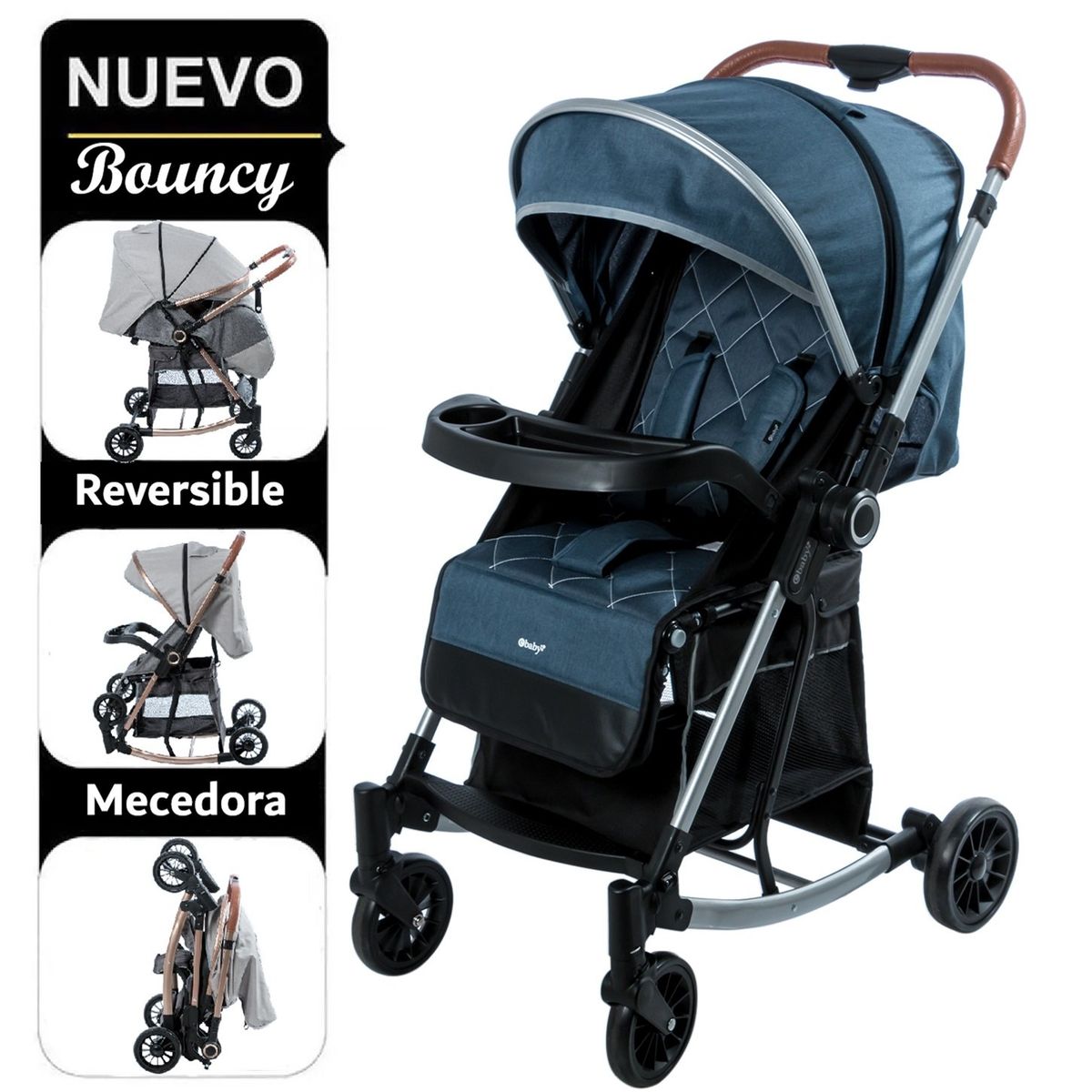 EBABY - Coche Bouncy Funcion Mecedora con bandeja AZUL