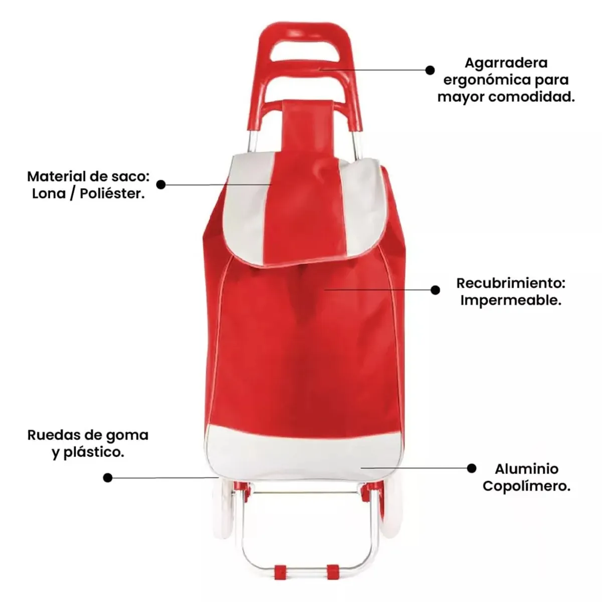 GENERICO - COCHE GRANDE CARRITO COMPRAS MERCADO HOGAR CON BOLSILLO Y CIERRE ROJO