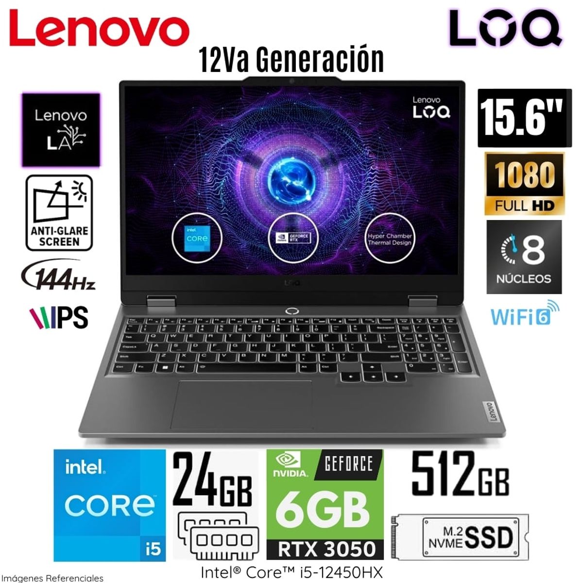 LENOVO - Laptop Lenovo LOQ 15IAX9 Intel Core i5-12450HX 24GB RAM 512GB SSD 15.6" FHD RTX 3050 - 83GS00EQLM
