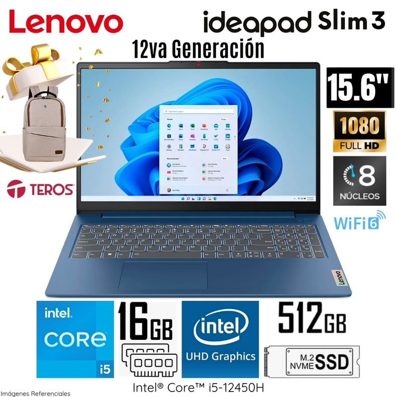 LENOVO - Laptop Lenovo IdeaPad Slim 3 Intel Core i5-12450H 16GB RAM 512GB SSD 15.6” FHD 3ER001DLM + Regalo