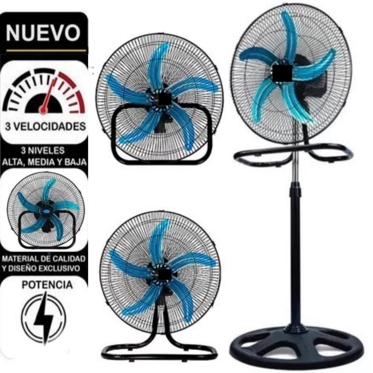 GENERICO - Ventilador 3 en 1 Pedestal Pared y Meza de 18" 5 aspas PLATEADO