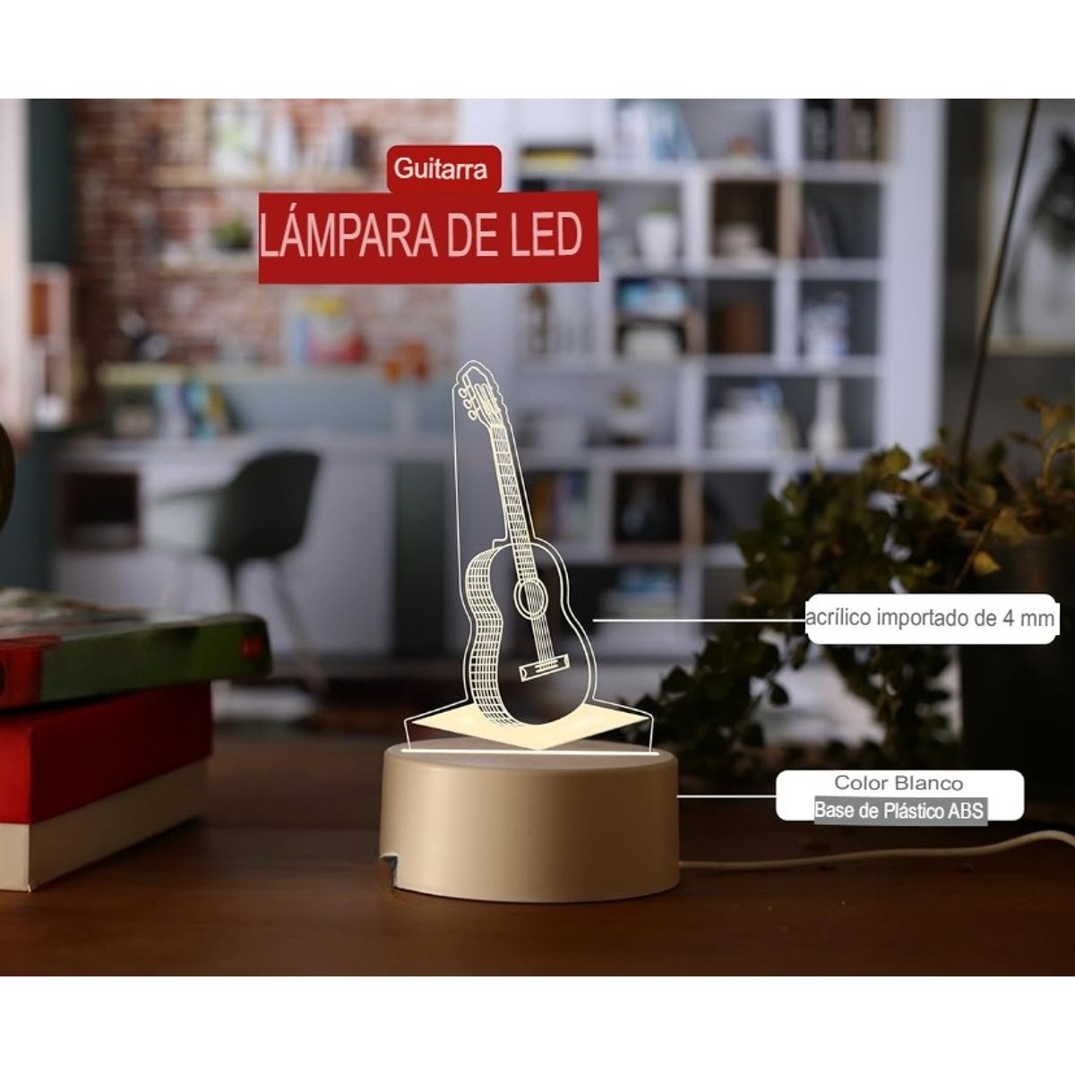 GENERICO - LÁMPARA LUZ LED ILUSIÓN 3D LUZ CÁLIDA DE NOCHE DISEÑO GUITARRA