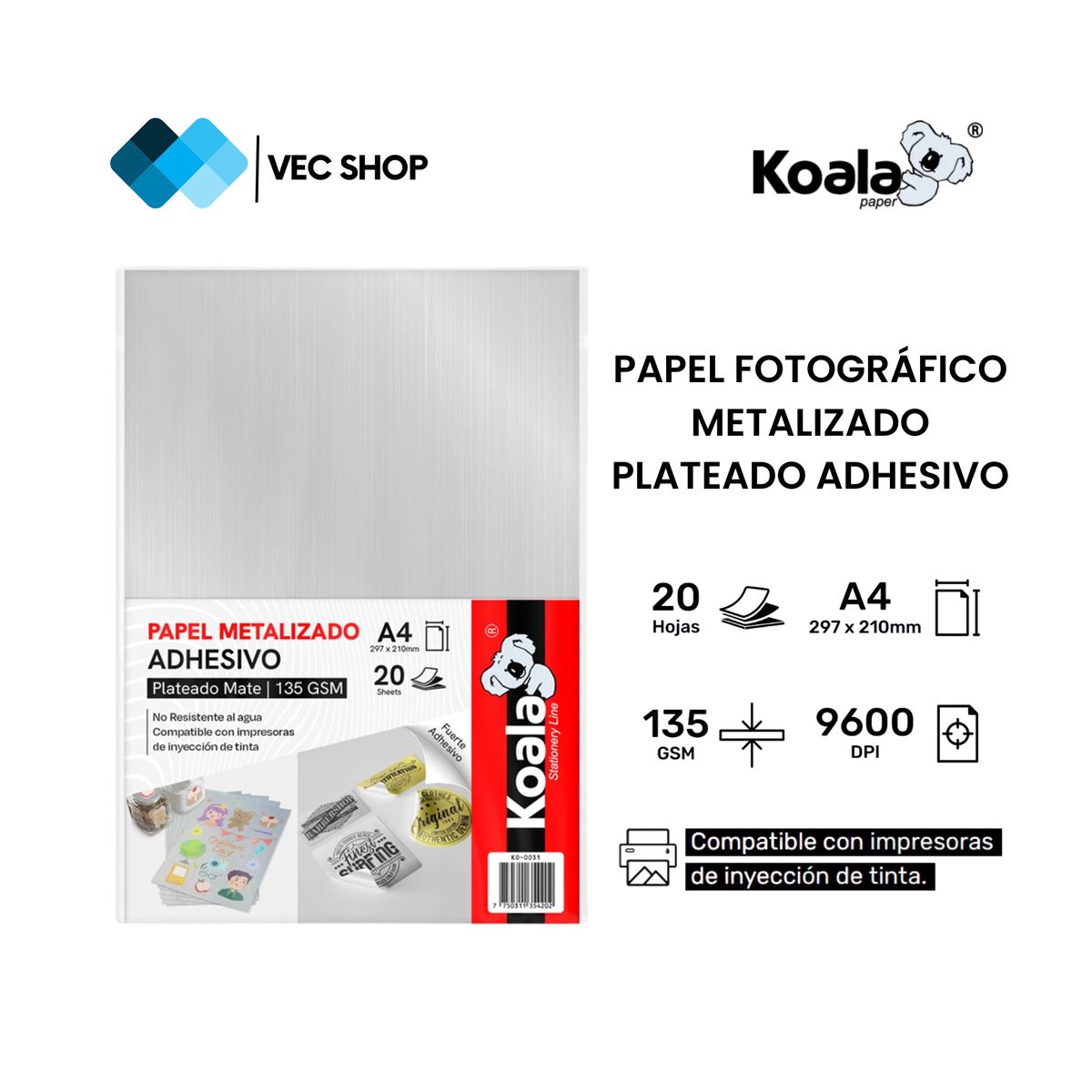 KOALA - Papel Fotográfico Metalizado Plateado Adhesivo A4 135g 20h