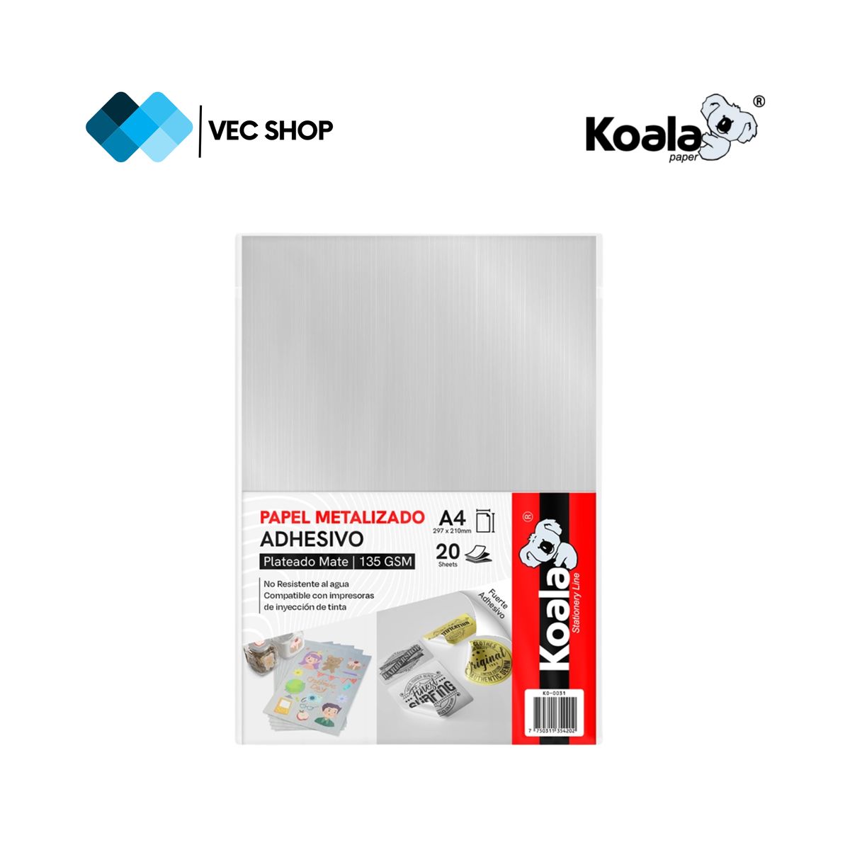 KOALA - Papel Fotográfico Metalizado Plateado Adhesivo A4 135g 20h