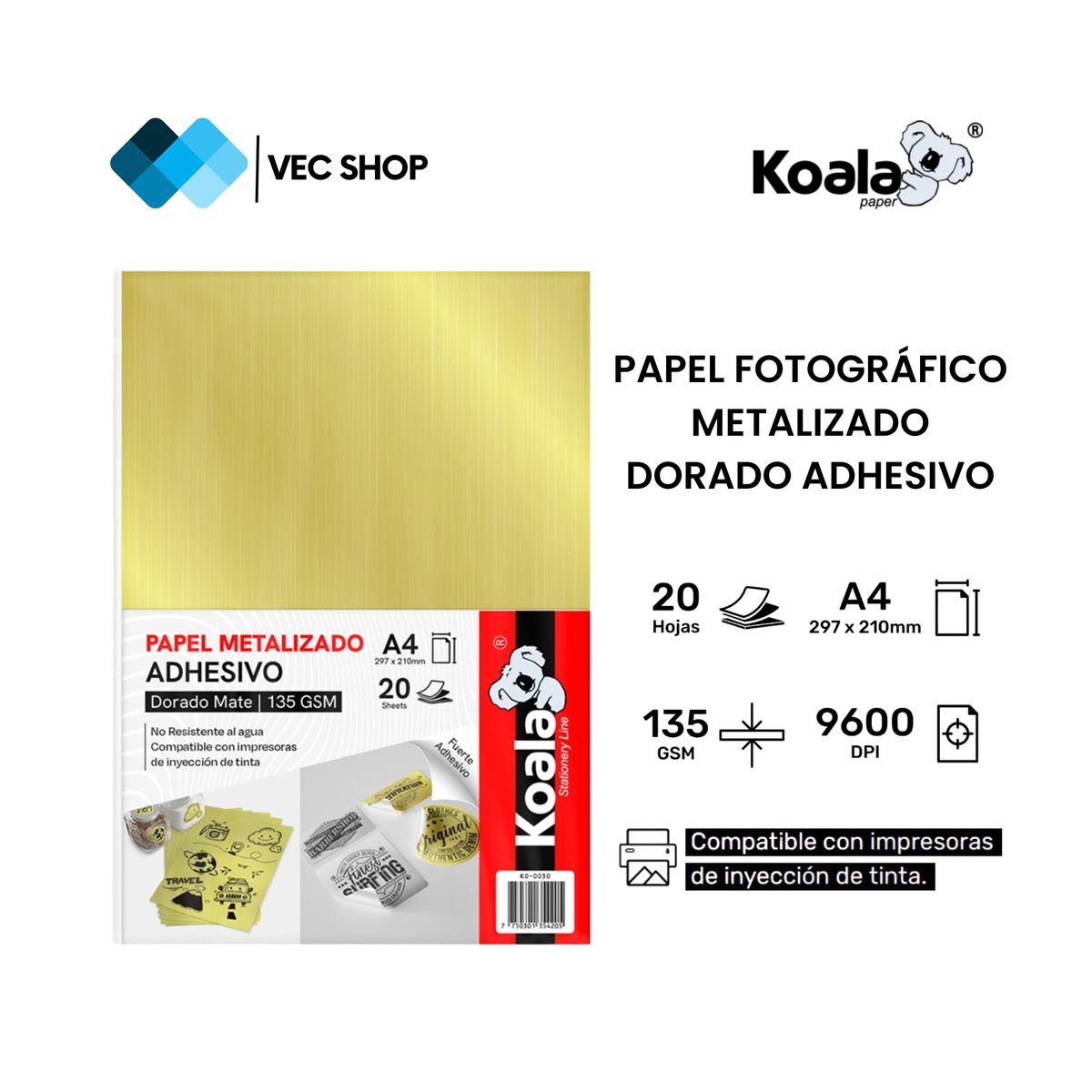 KOALA - Papel Fotográfico Metalizado Dorado Adhesivo A4 135g 20h