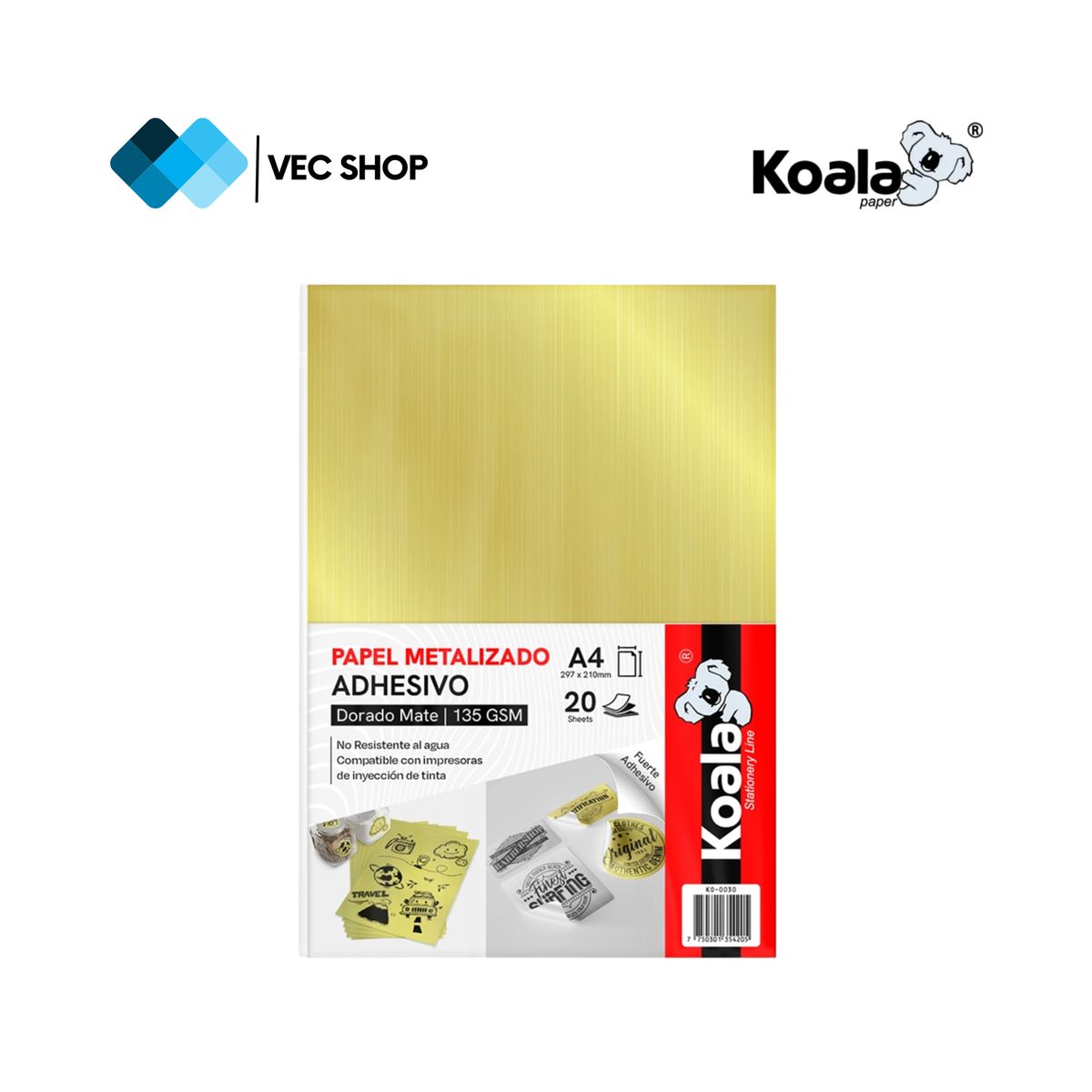 KOALA - Papel Fotográfico Metalizado Dorado Adhesivo A4 135g 20h