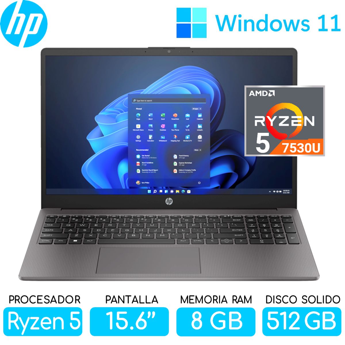 HP - Laptop HP Ryzen 5-7530U SSD 512gb RAM 8gb Pantalla 15.6 FHD Windows 255 G10