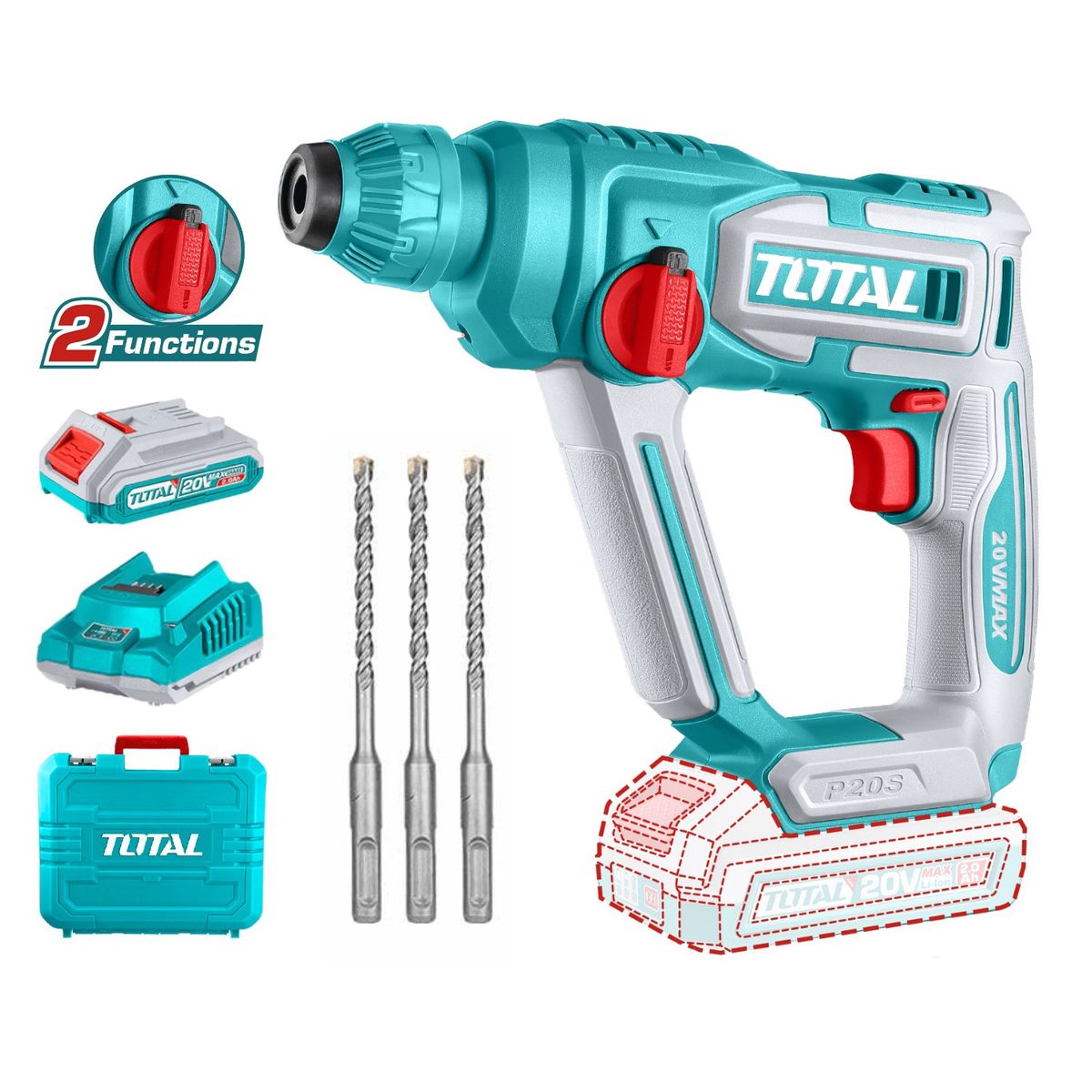TOTAL TOOLS - Rotomartillo SDS Plus 1.5 Joules 20v incluye bateria y cargador Total