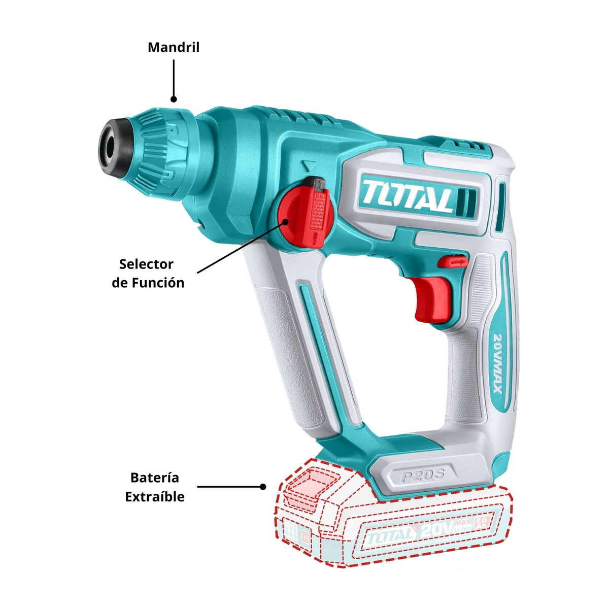 TOTAL TOOLS - Rotomartillo SDS Plus 1.5 Joules 20v incluye bateria y cargador Total