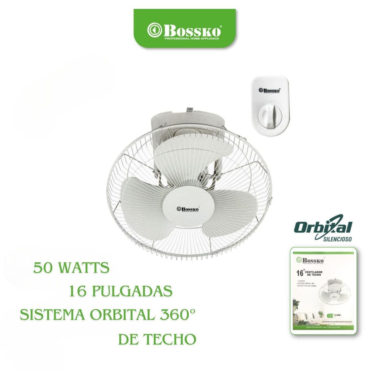 BOSSKO - Ventilador de Techo 16" BOSSKO BK 8454VT  50 watts Orbital Silencioso