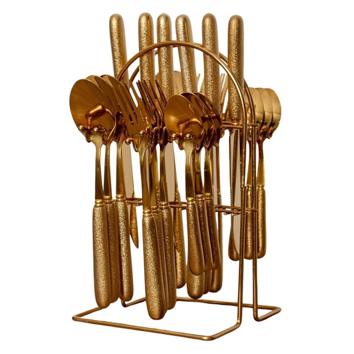 PANADECOR - Juego De Cubiertos Dorados De Acero Con Soporte 24 Piezas 25Cm
