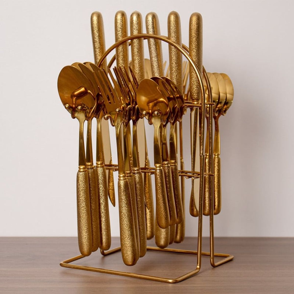 PANADECOR - Juego De Cubiertos Dorados De Acero Con Soporte 24 Piezas 25Cm